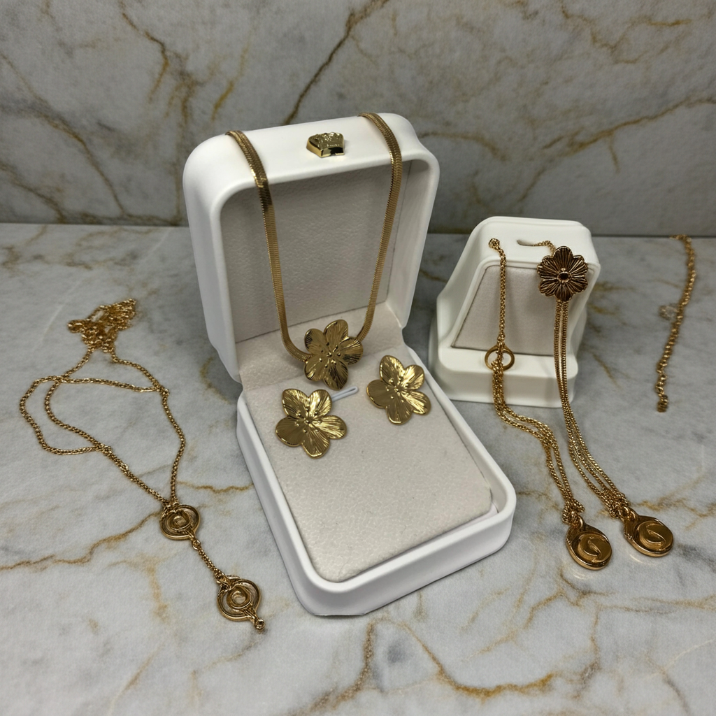 Stainless Steel Jewellery Set Necklace and Earrings , Flower Clover Design , 18K Gold Color for Women .