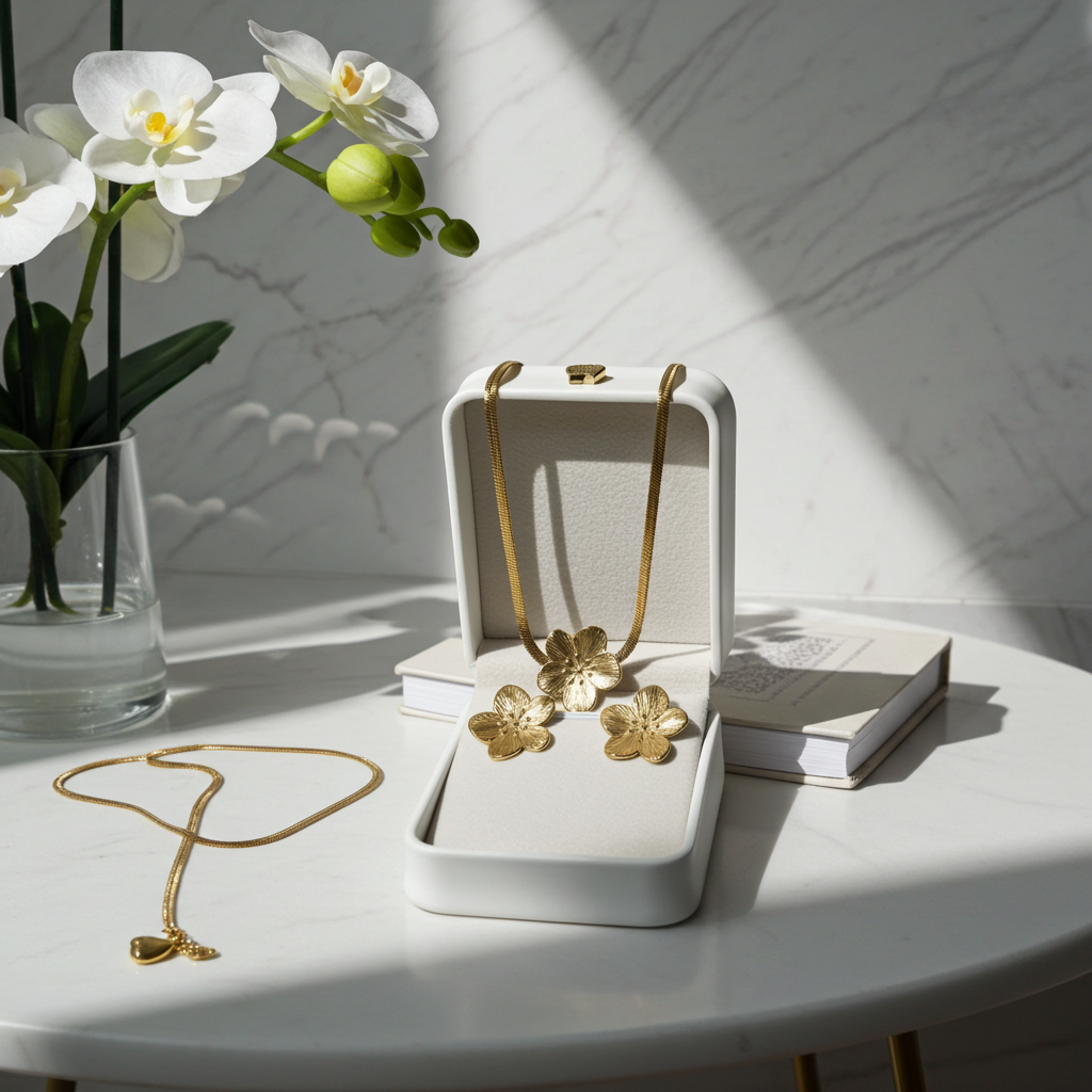 Stainless Steel Jewellery Set Necklace and Earrings , Flower Clover Design , 18K Gold Color for Women .