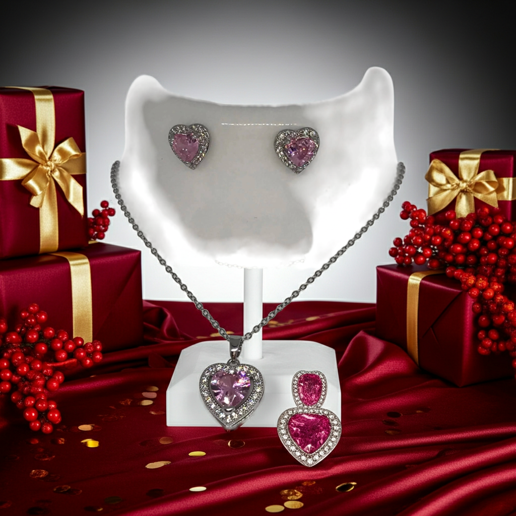 Luxury Stainless Steel , Delicate Simple Heart Shaped Cubic Zirconia Pendant Necklace and Earrings Set.