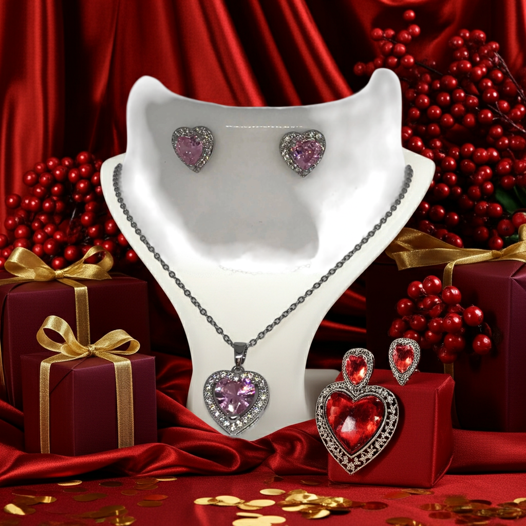 Luxury Stainless Steel , Delicate Simple Heart Shaped Cubic Zirconia Pendant Necklace and Earrings Set.