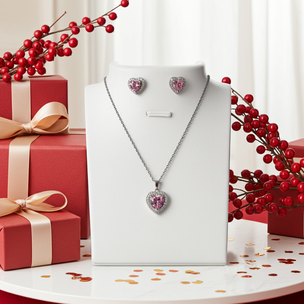Luxury Stainless Steel , Delicate Simple Heart Shaped Cubic Zirconia Pendant Necklace and Earrings Set.