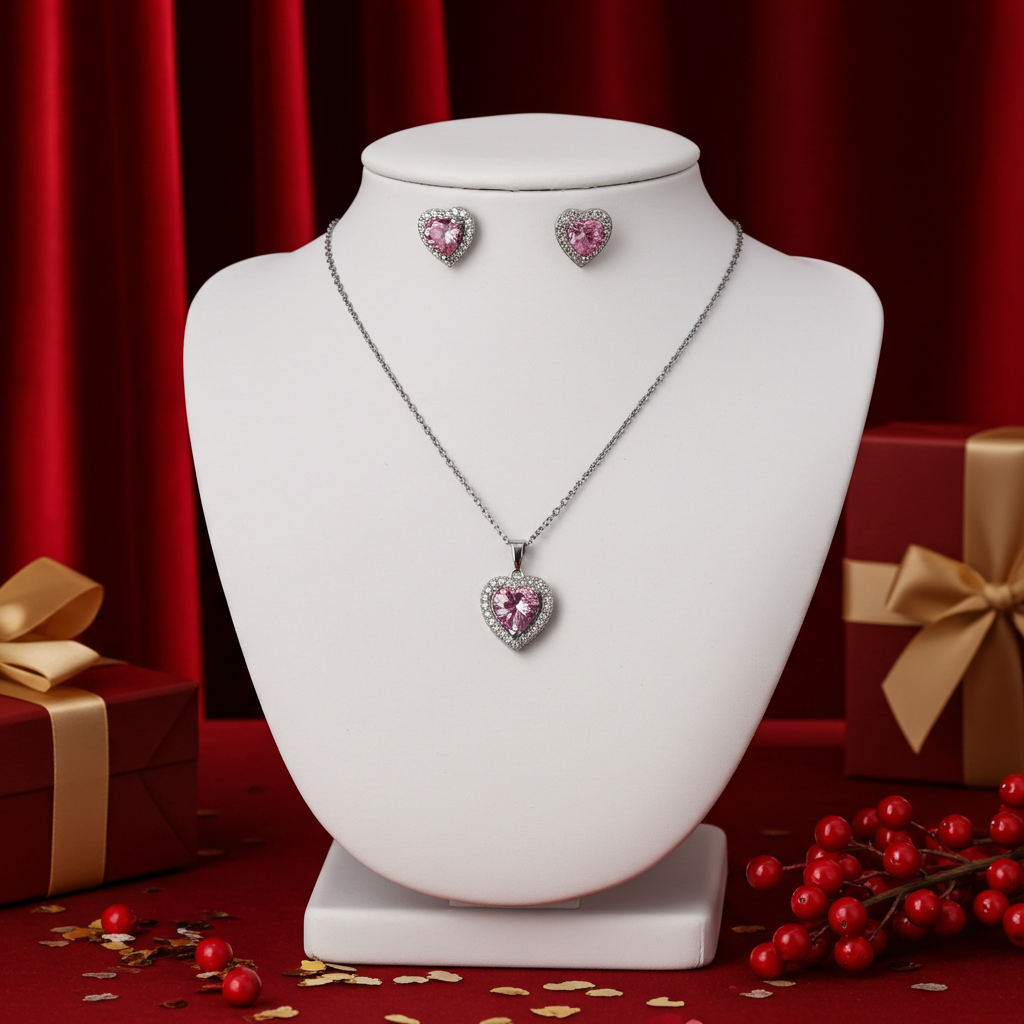 Luxury Stainless Steel , Delicate Simple Heart Shaped Cubic Zirconia Pendant Necklace and Earrings Set.
