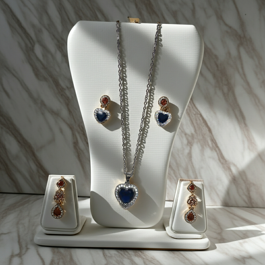 Luxury Stainless Steel , Delicate Simple Heart Shaped Cubic Zirconia Pendant Necklace and Earrings Set.