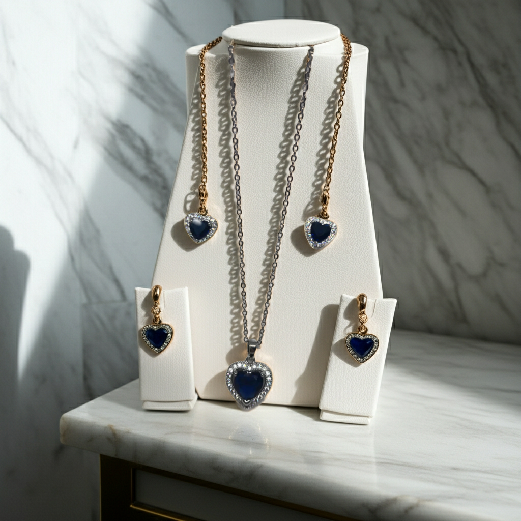 Luxury Stainless Steel , Delicate Simple Heart Shaped Cubic Zirconia Pendant Necklace and Earrings Set.