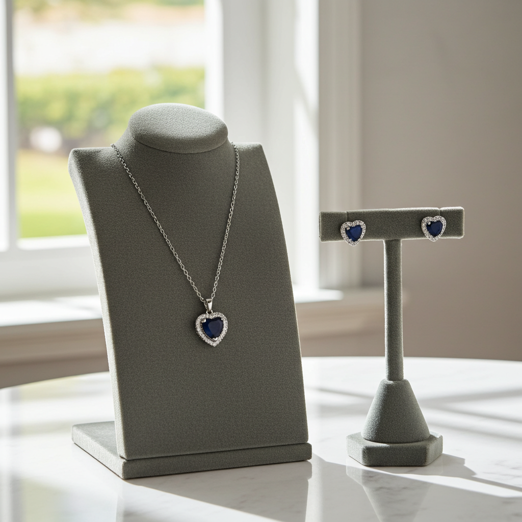 Luxury Stainless Steel , Delicate Simple Heart Shaped Cubic Zirconia Pendant Necklace and Earrings Set.