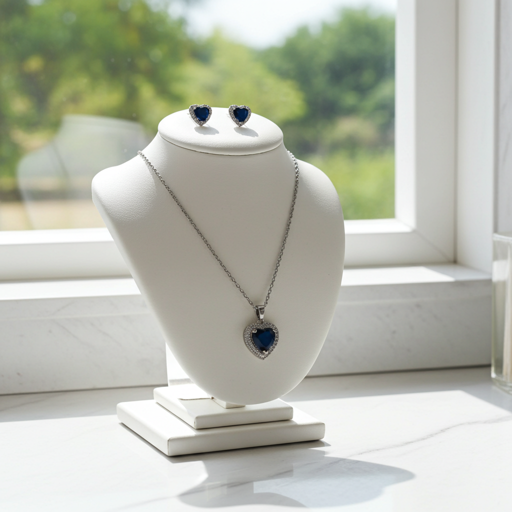 Luxury Stainless Steel , Delicate Simple Heart Shaped Cubic Zirconia Pendant Necklace and Earrings Set.