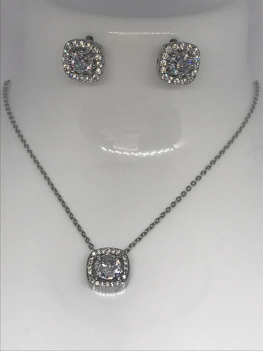 Stainless steel Rhinestone Decor Square Charm Necklace and Earrings hypoallergenic