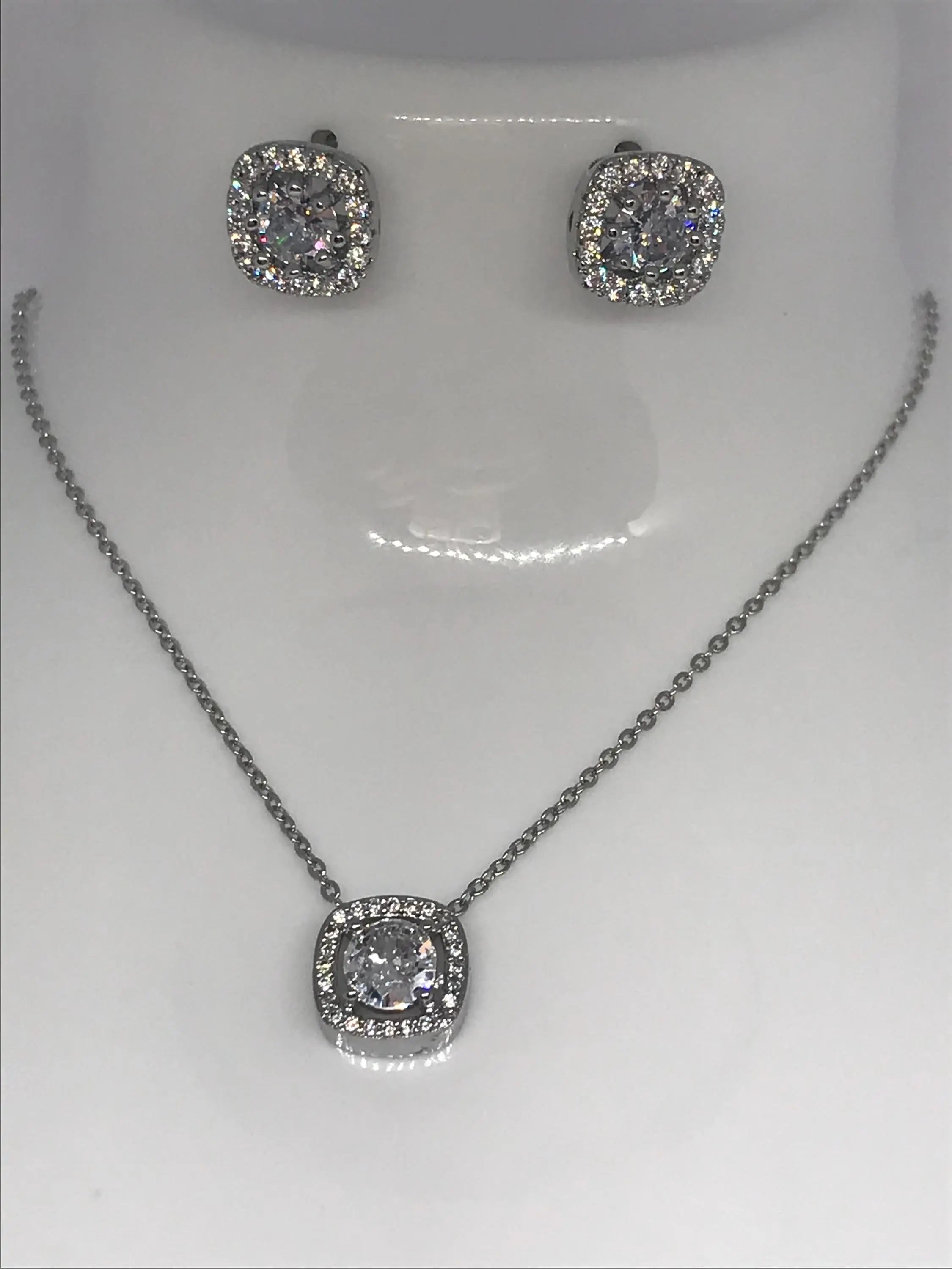 Stainless steel Rhinestone Decor Square Charm Necklace and Earrings hypoallergenic