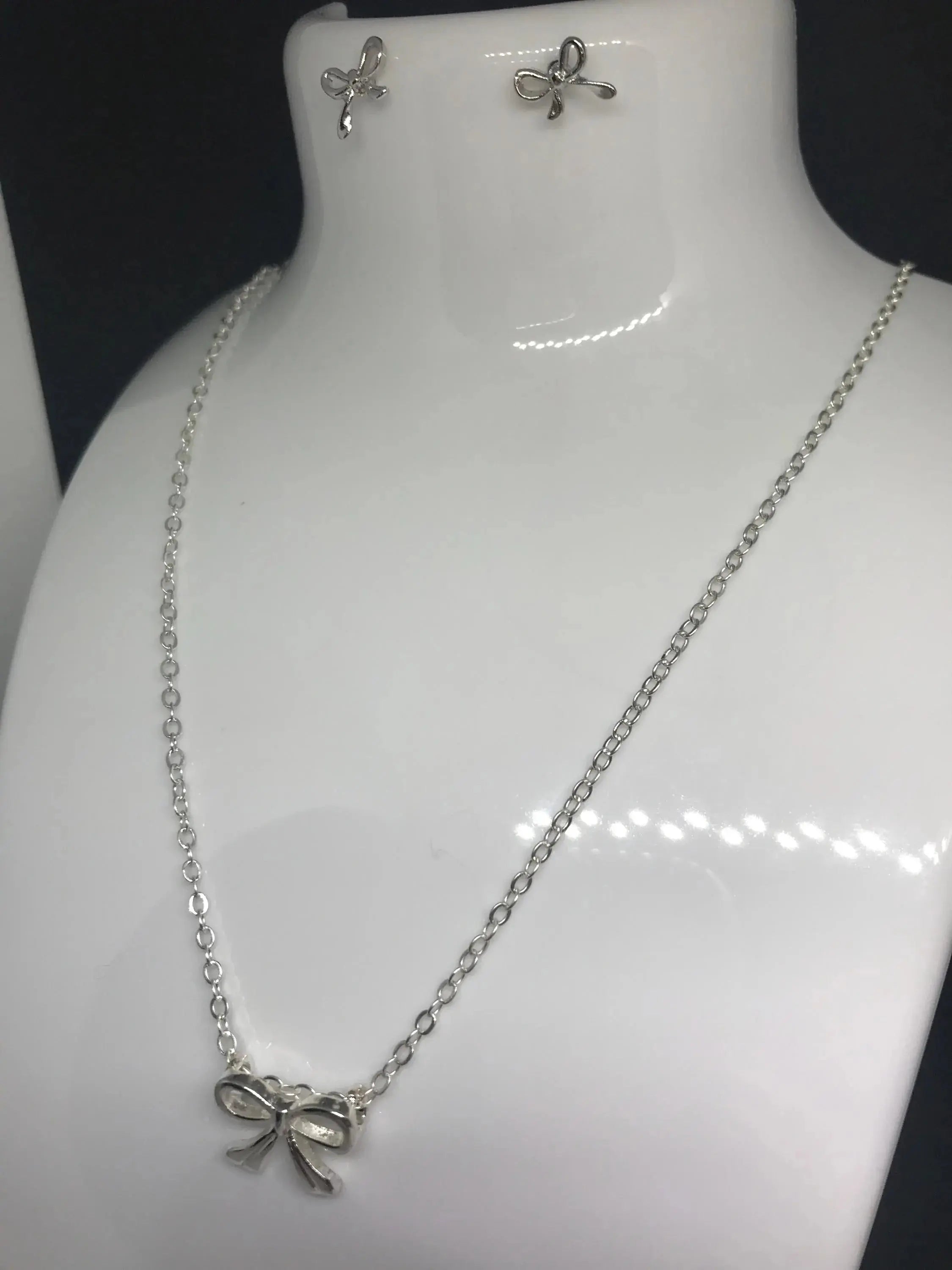 Silver Bowknot Pendant Necklace , Stainless Steel , Charm , Good Gift Choice , Elegant , Luxury time , Rust free shine and Earrings Set.
