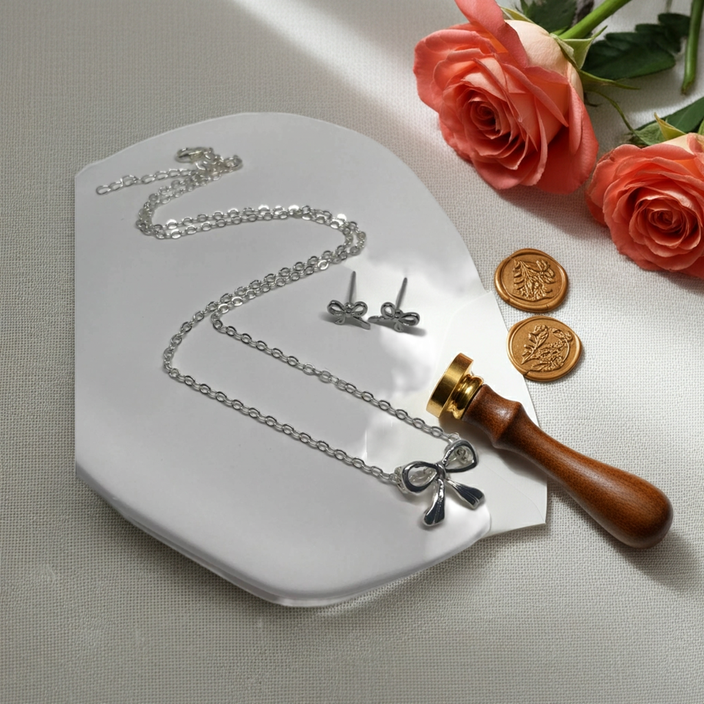 Silver Bowknot Pendant Necklace , Stainless Steel , Charm , Good Gift Choice , Elegant , Luxury time , Rust free shine and Earrings Set.