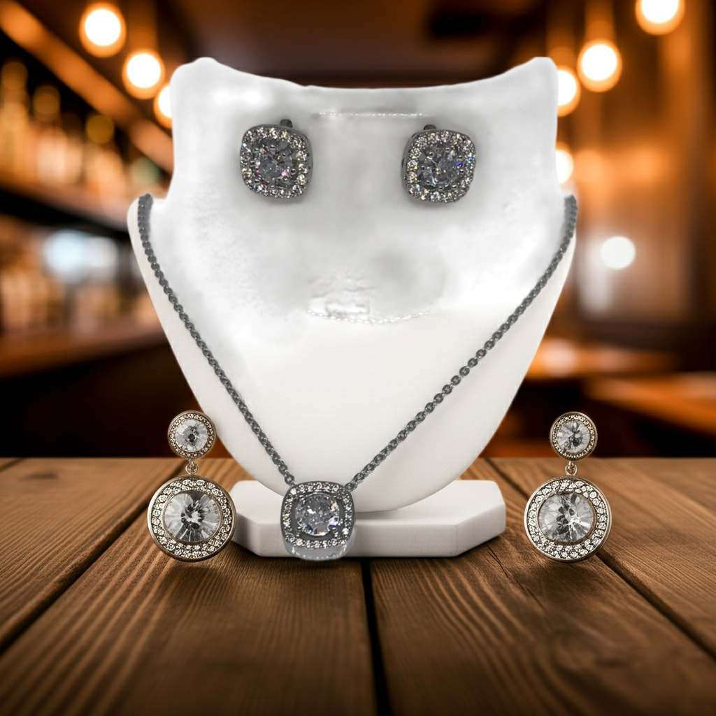 Stainless steel Rhinestone Decor Square Charm Necklace and Earrings hypoallergenic