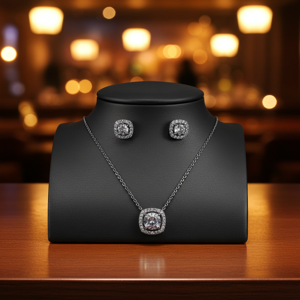 Stainless steel Rhinestone Decor Square Charm Necklace and Earrings hypoallergenic