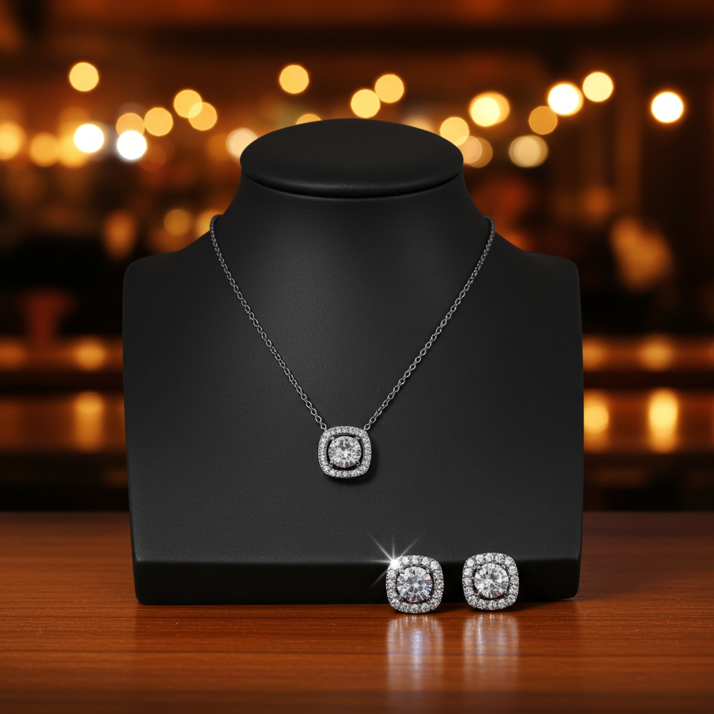 Stainless steel Rhinestone Decor Square Charm Necklace and Earrings hypoallergenic