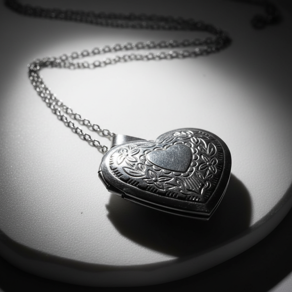 Close-up detail of silver heart locket showing intricate engraved pattern