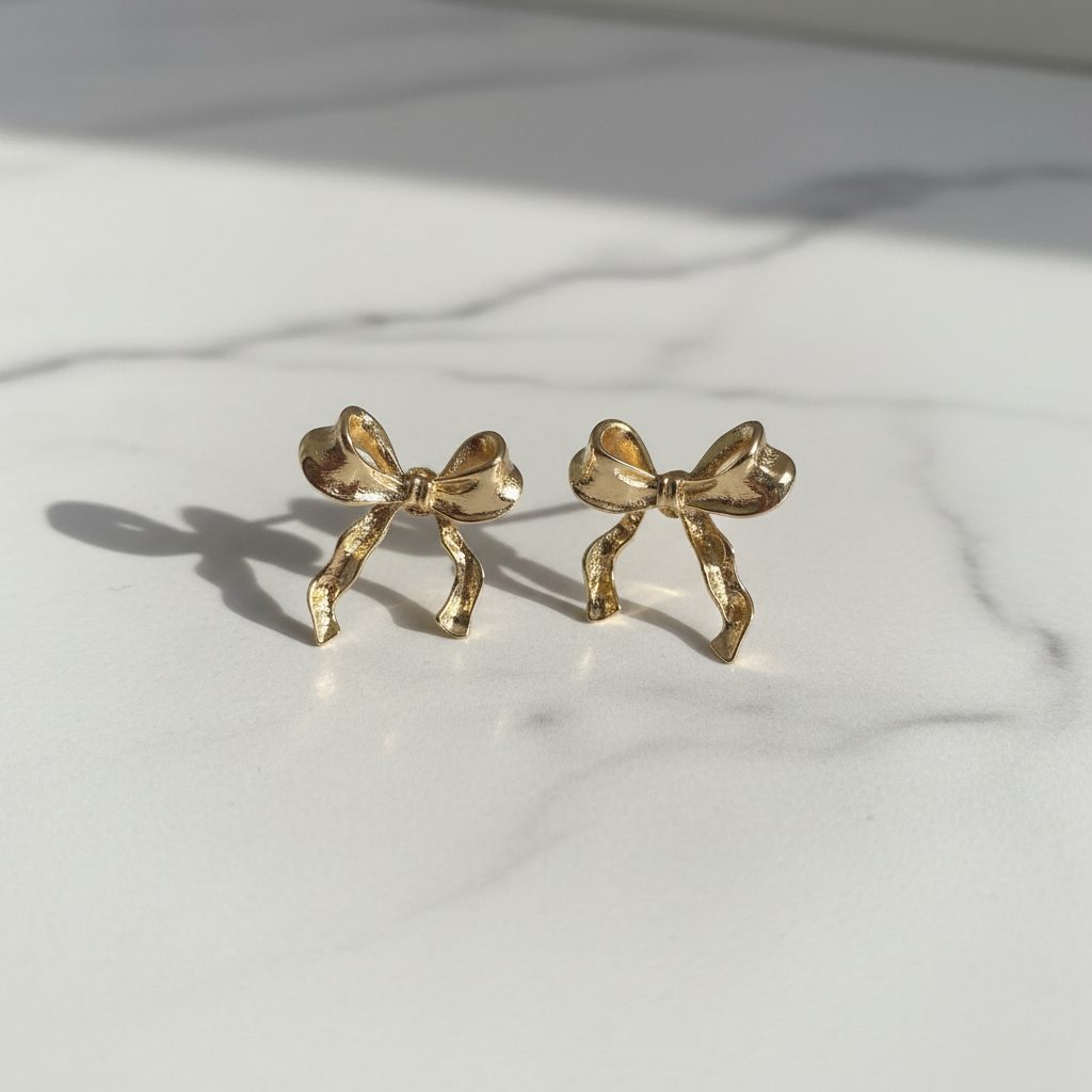 Gold Bow Stainless Steal Stud Earrings - Elegant Ribbon Design
