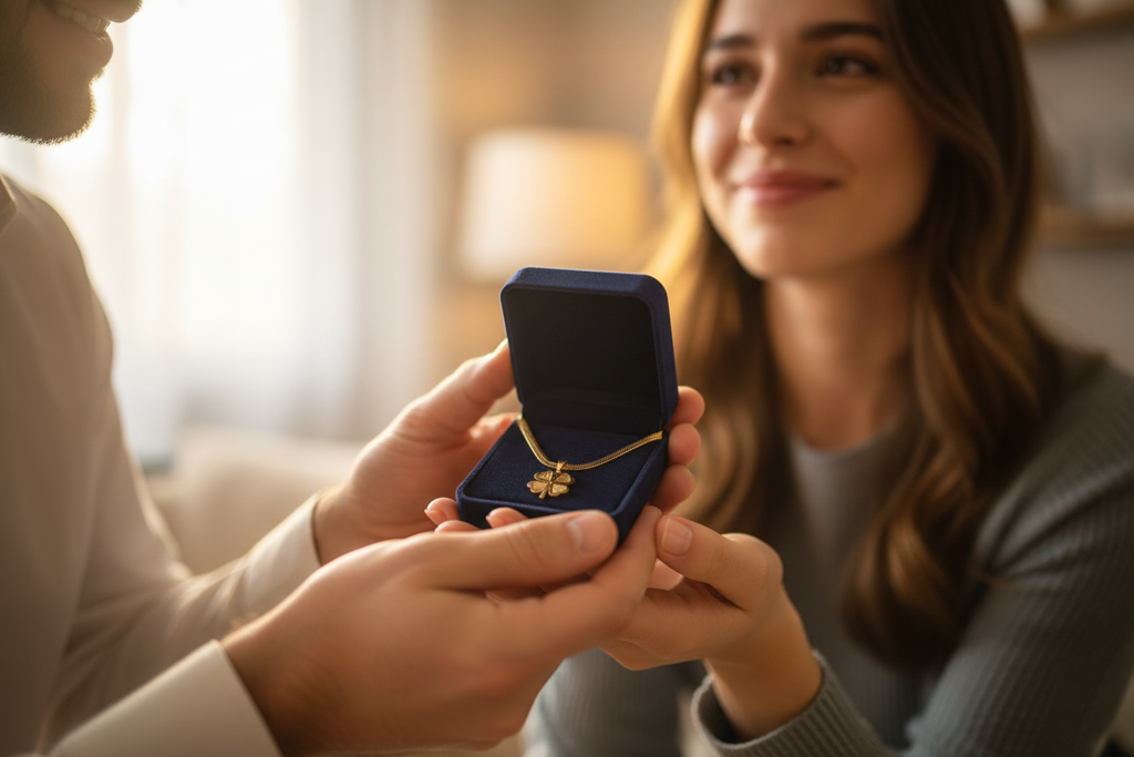 Gold clover necklace being gifted, meaningful lucky charm present"
