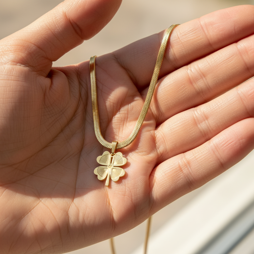 Gold four-leaf clover necklace held in hands showing natural skin texture"
