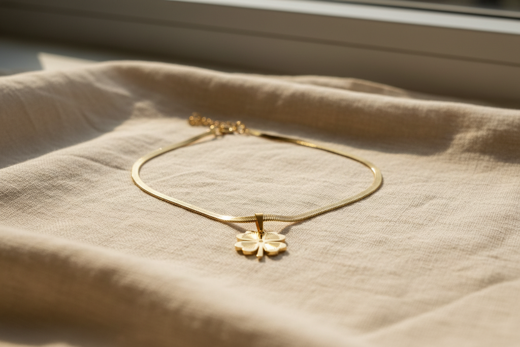 Gold clover necklace on fabric surface with natural wrinkles and authentic lighting"