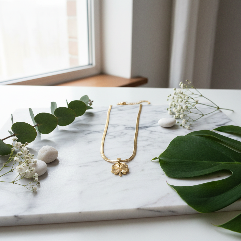 Gold clover necklace on white marble with green plants, fresh elegant aesthetic"