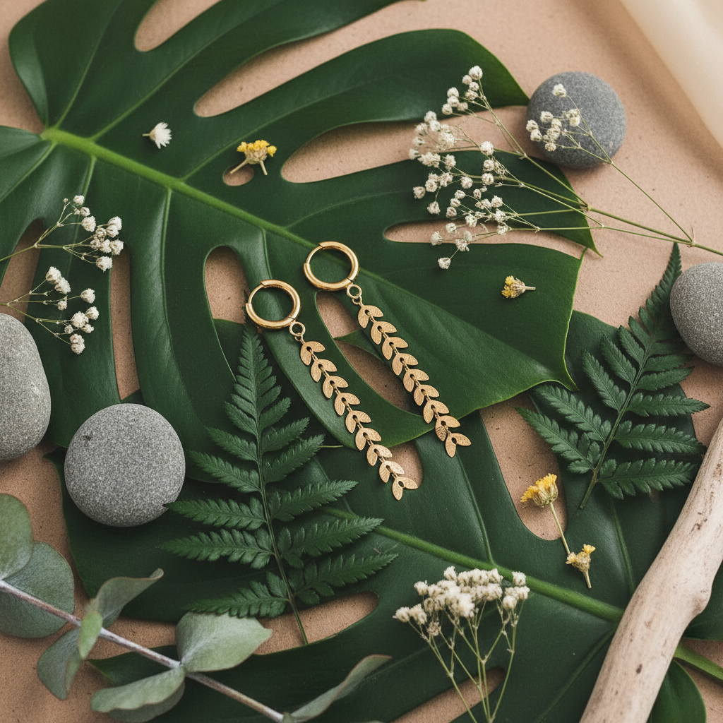 Gold leaf drop earrings displayed on natural botanical leaves