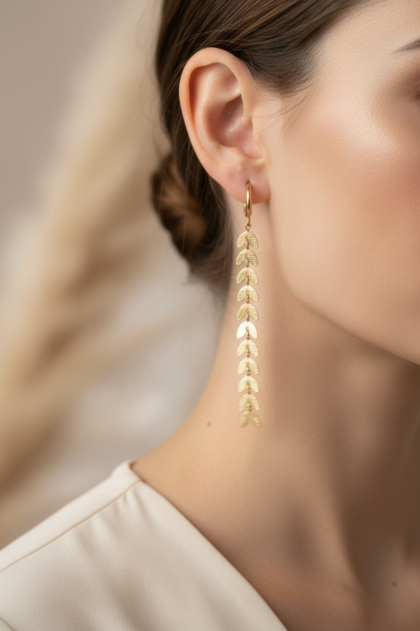 Woman wearing elegant gold leaf drop earrings showing length and movement