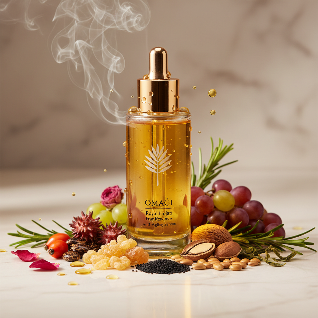Omani Royal Hojari Frankincense Resin, expertly infused with cold-pressed castor, black seed, rosehip, argan, grape, and jojoba oils for powerful, all-natural anti-aging benefits.

Our advanced formula deeply nourishes and moisturizes the skin, leaving it soft, smooth, and visibly rejuvenated.

Rich in natural antioxidants, this serum reduces fine lines and wrinkles, enhancing skin elasticity for a firmer, youthful complexion.

Soothing and calming, it is ideal for sensitive skin, helping to repair irritati