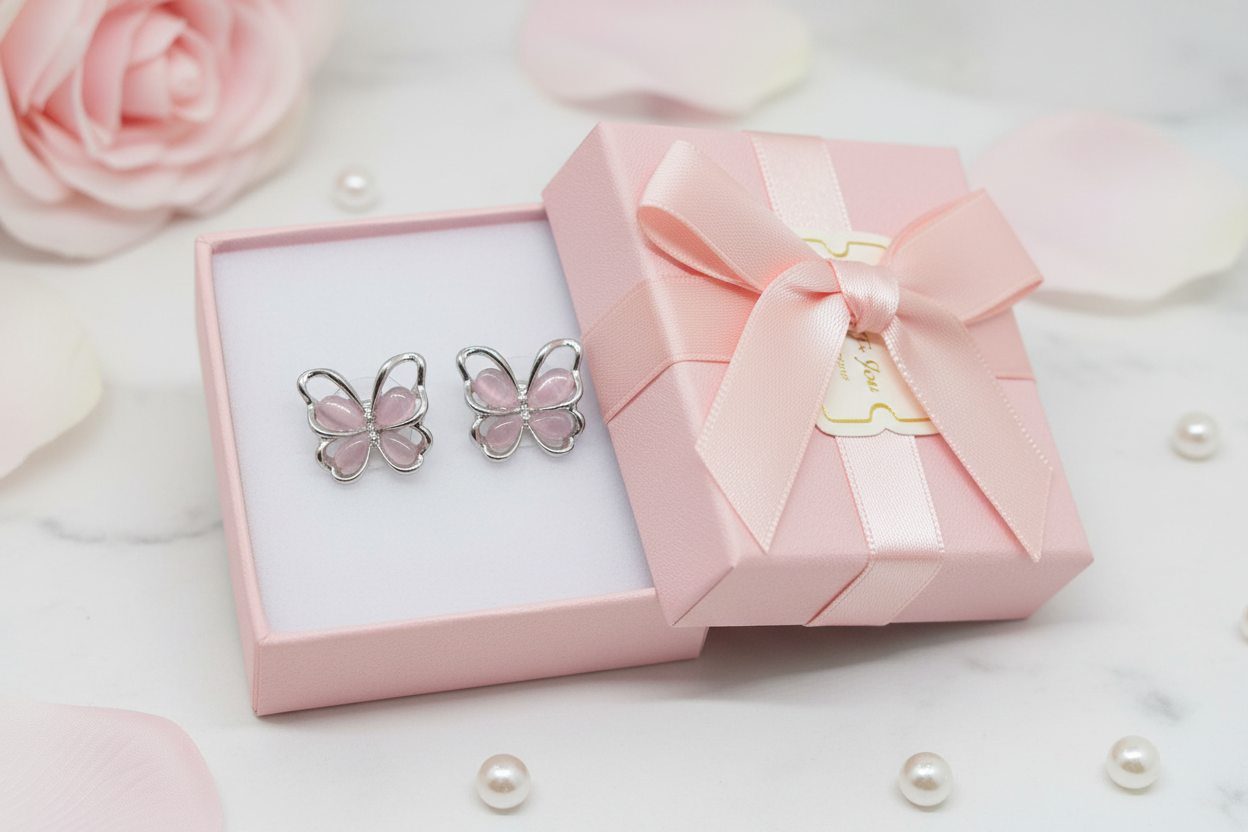 Pink butterfly earrings in gift box, perfect present for girls and women