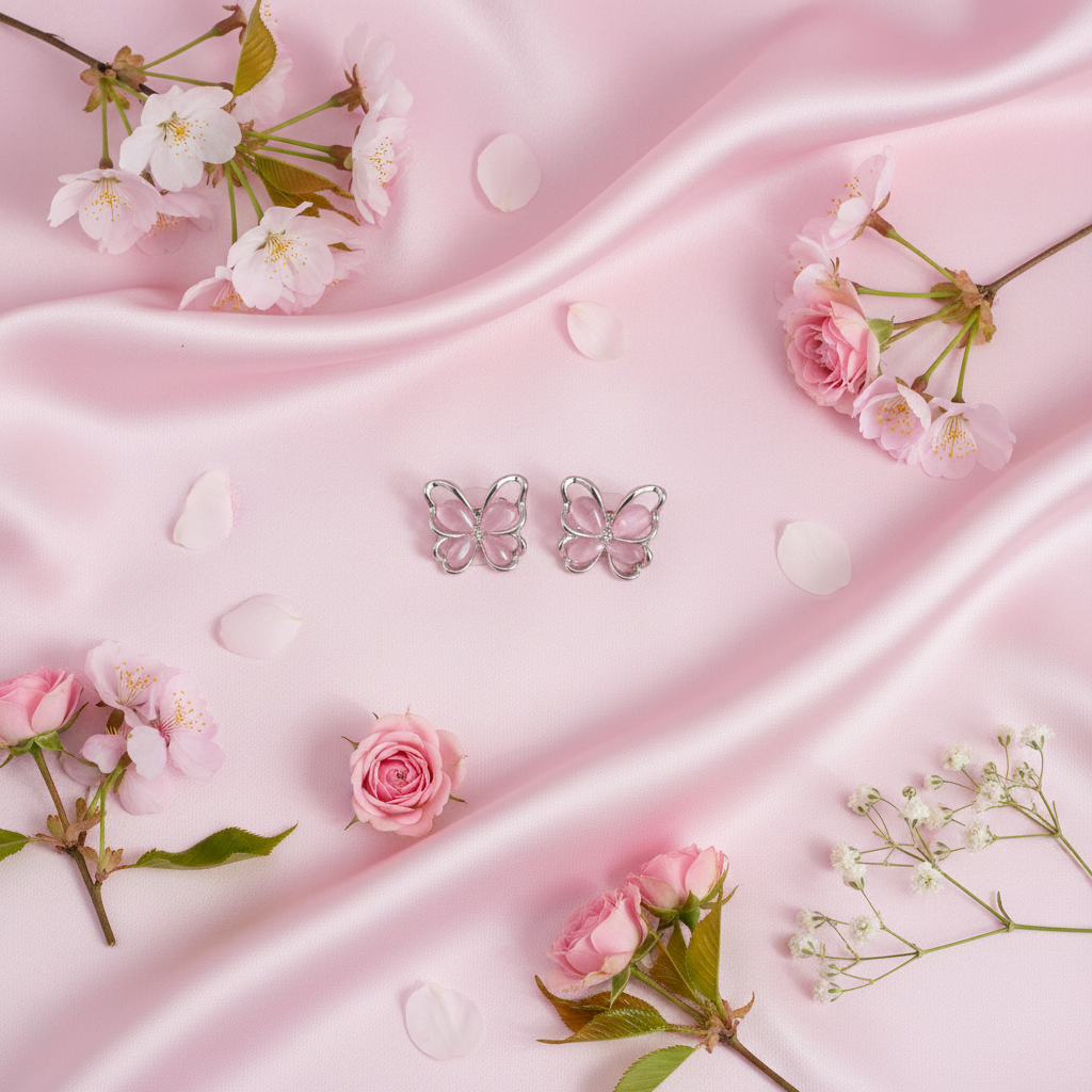 Pink Butterfly Stud Earrings - Silver Outline Design