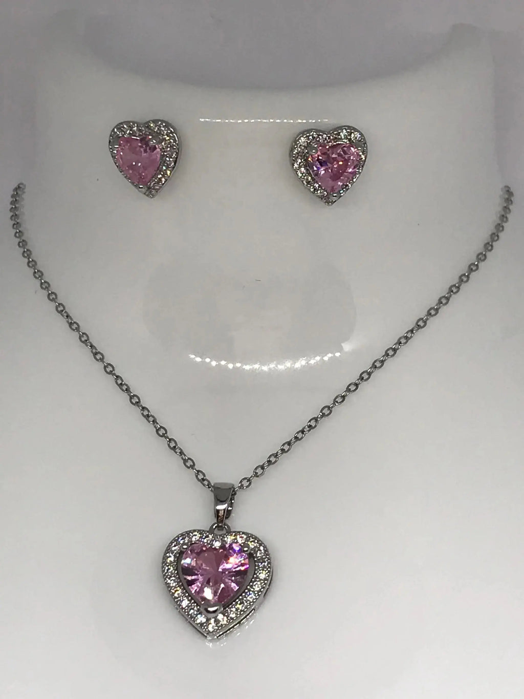 Luxury Stainless Steel , Delicate Simple Heart Shaped Cubic Zirconia Pendant Necklace and Earrings Set.