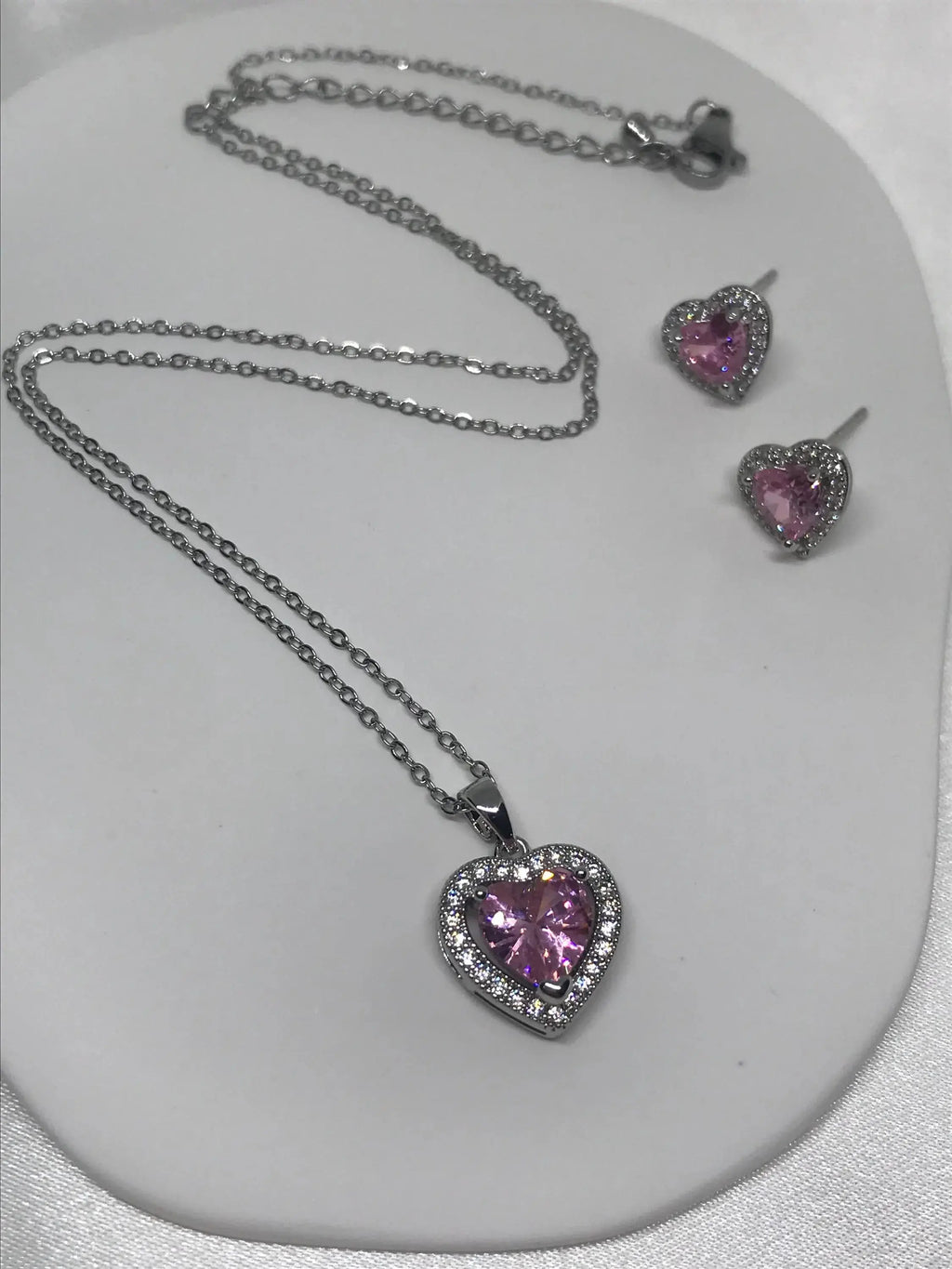 Luxury Stainless Steel , Delicate Simple Heart Shaped Cubic Zirconia Pendant Necklace and Earrings Set.