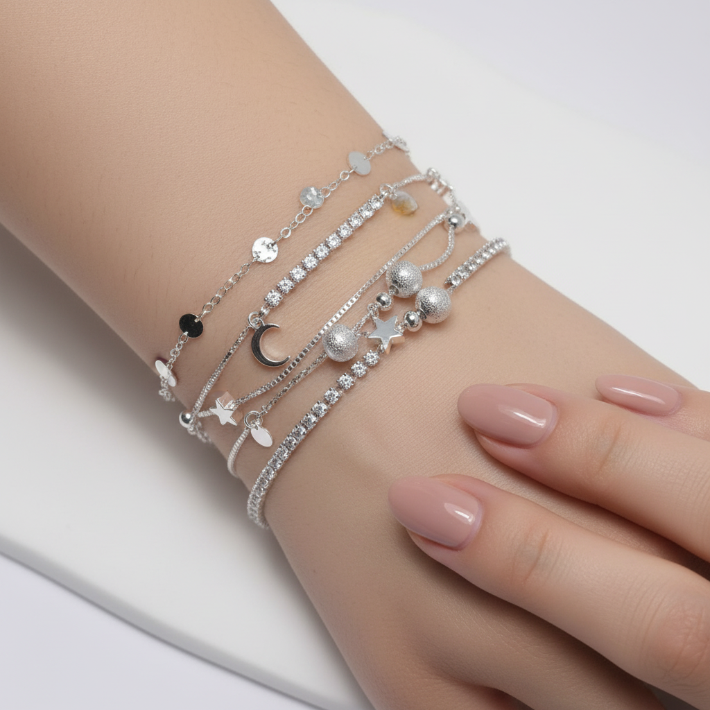 Close-up of silver star bracelet worn on wrist showing star charms and beads