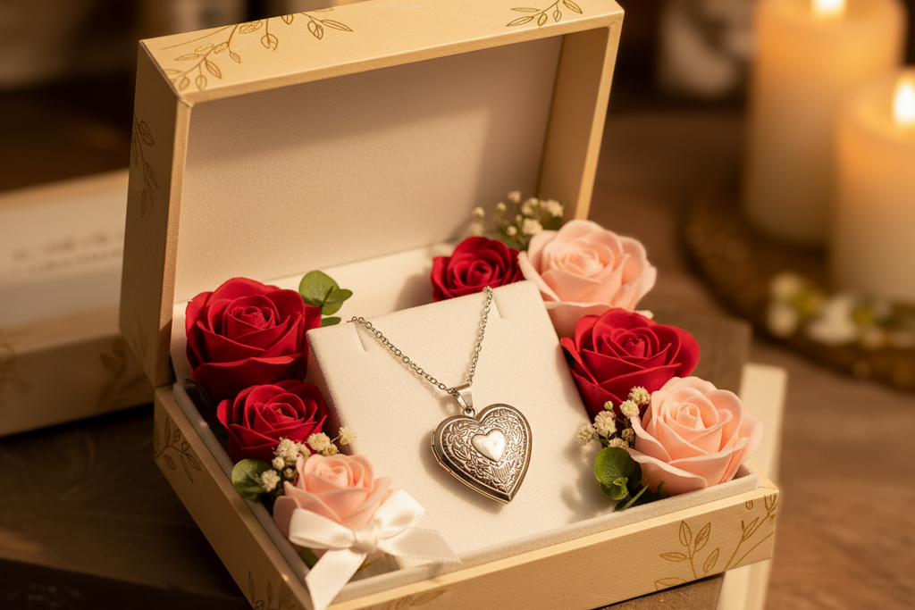 Silver heart locket necklace in gift box with roses, perfect sentimental gift"