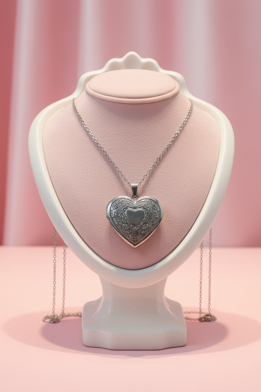 Silver heart locket necklace on elegant jewelry stand, luxury presentation"