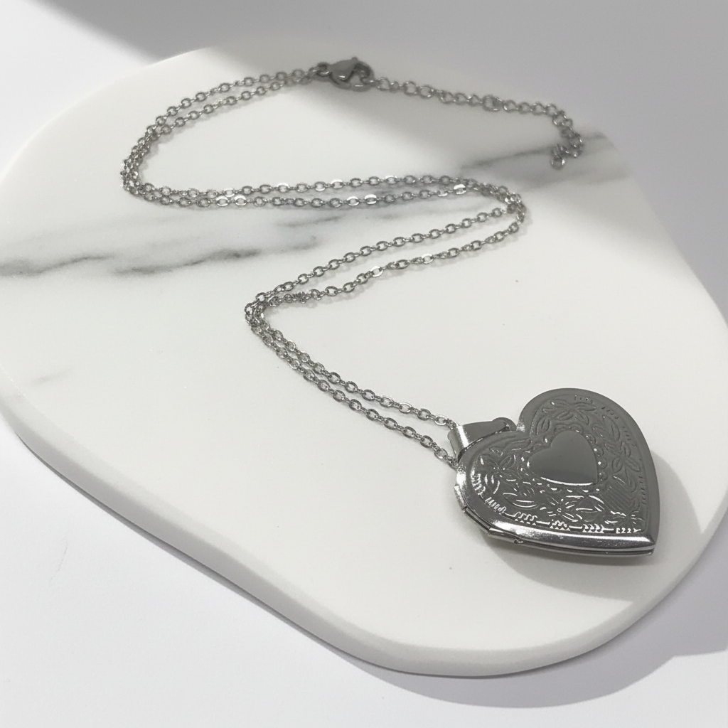 Silver Heart Locket Necklace - Engraved Photo Pendant
