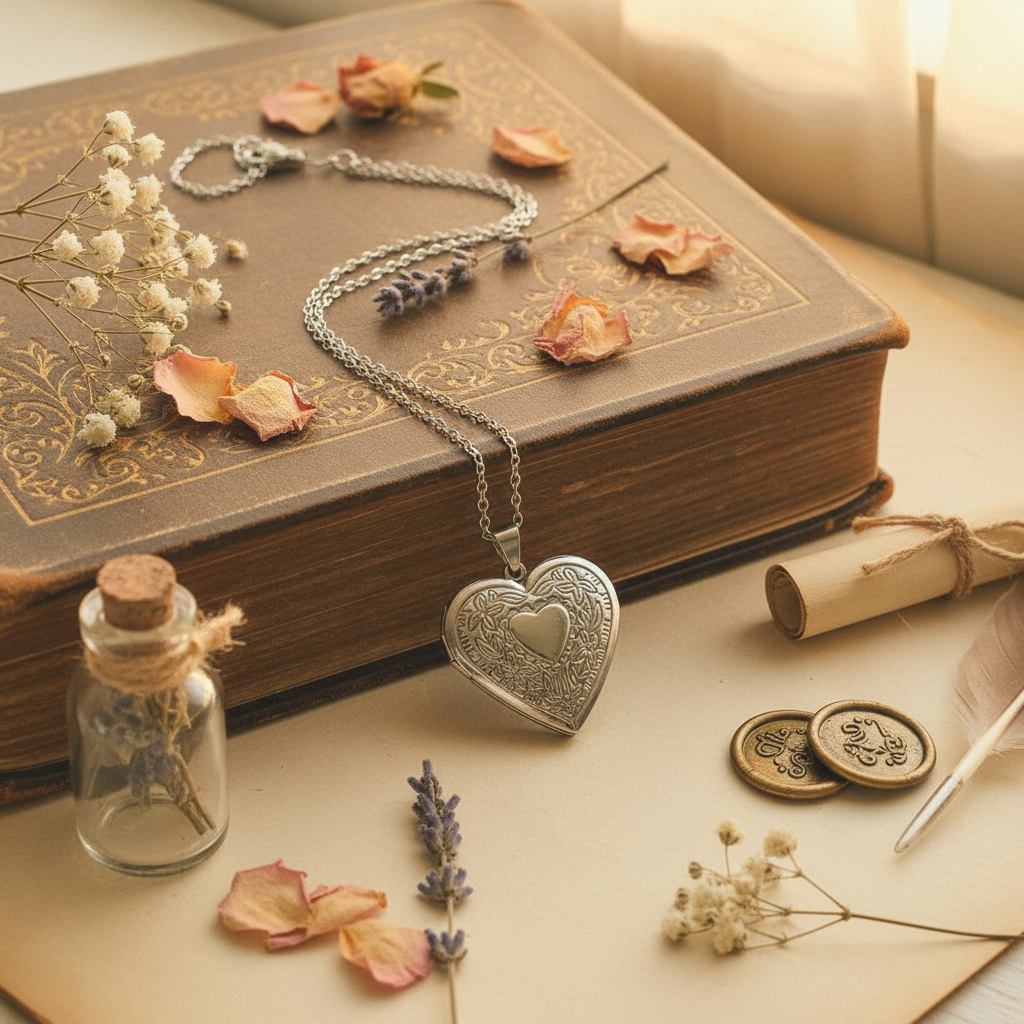Silver heart locket necklace on vintage book with dried flowers, nostalgic styling"