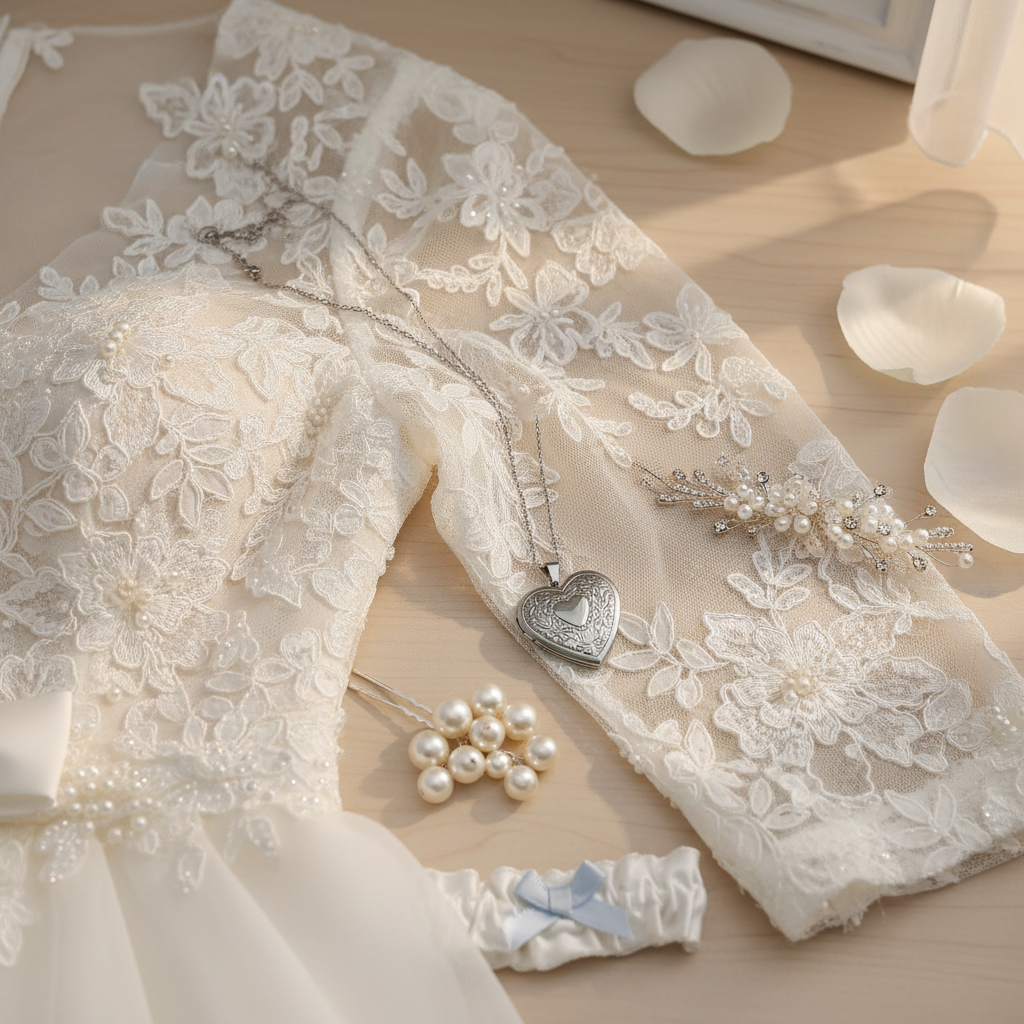 Silver heart locket necklace with bridal accessories, wedding jewelry styling"