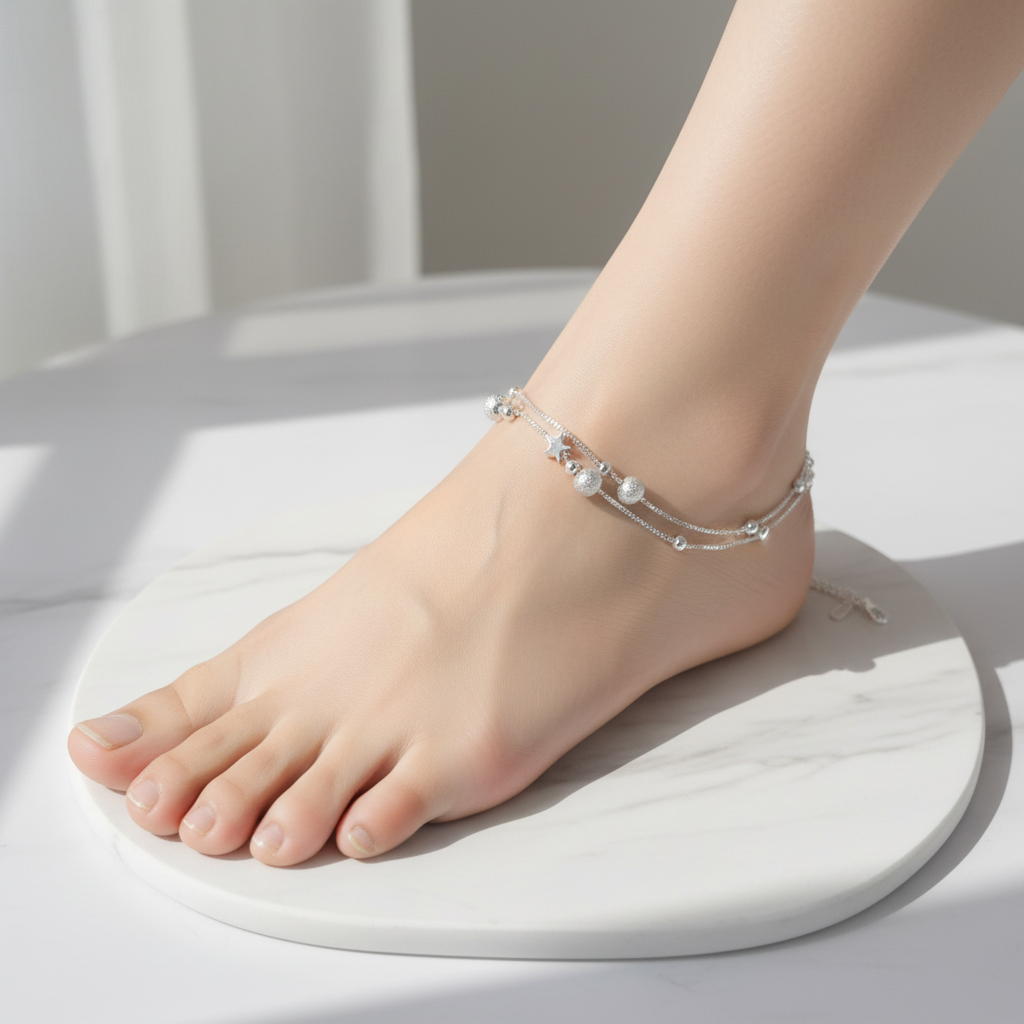 Silver star anklet worn poolside, luxury resort vacation jewelry"